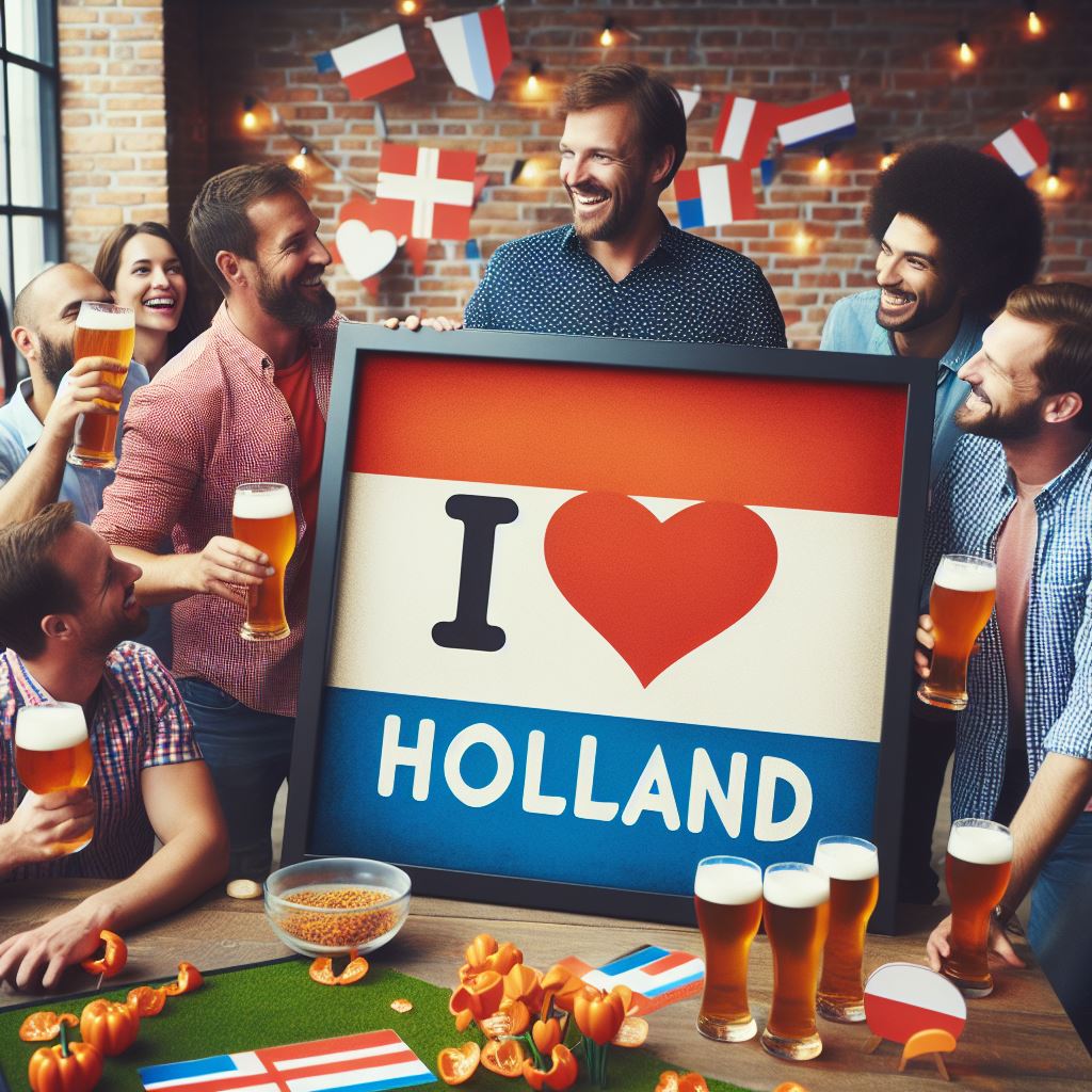 Group of people enjoying drinks and snacks with a 'I ❤️ Holland' sign in a casual setting.