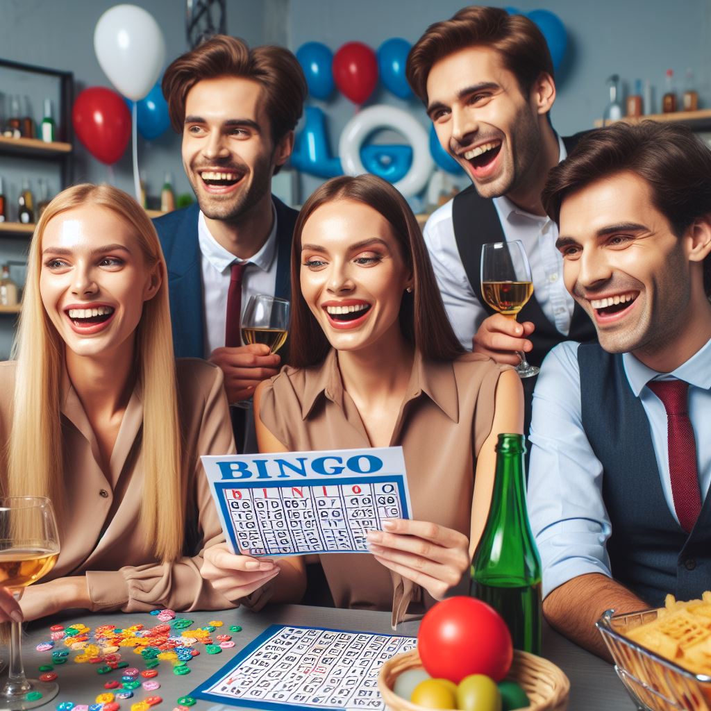 Group of people celebrating with bingo cards and drinks in a festive setting.