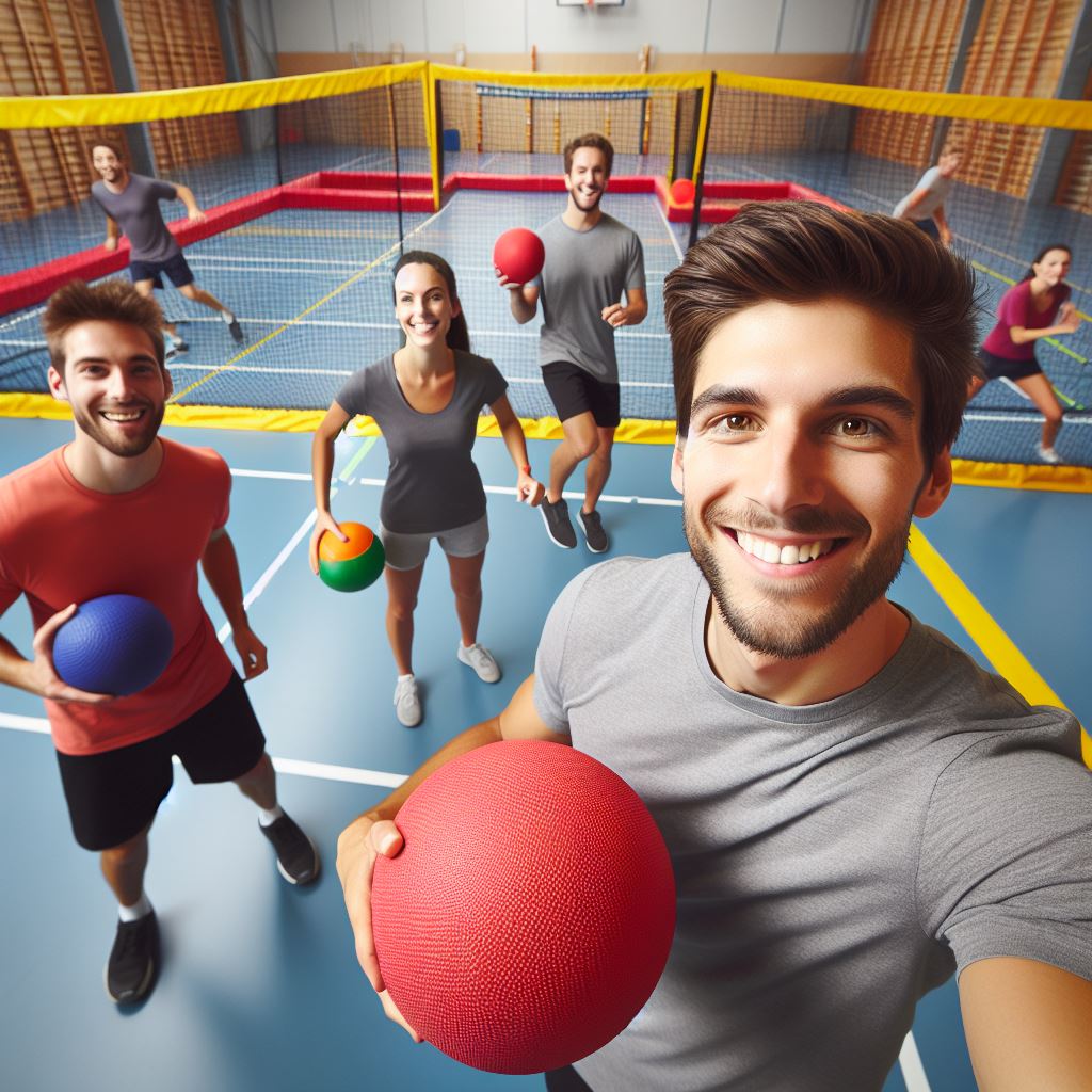 Group of people playing with colorful balls on a sports court