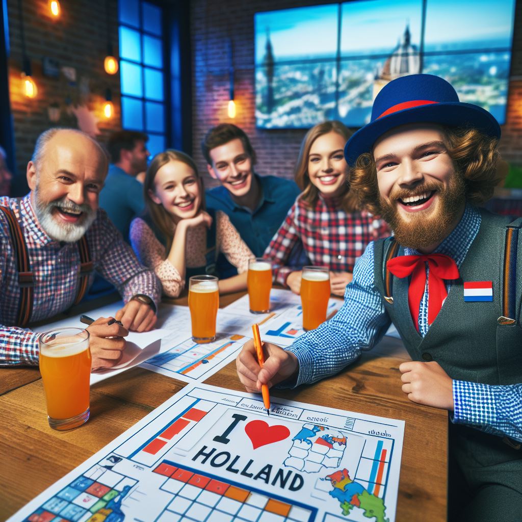 Group of people in a pub with a man in a Dutch costume, drinking beer and smiling.