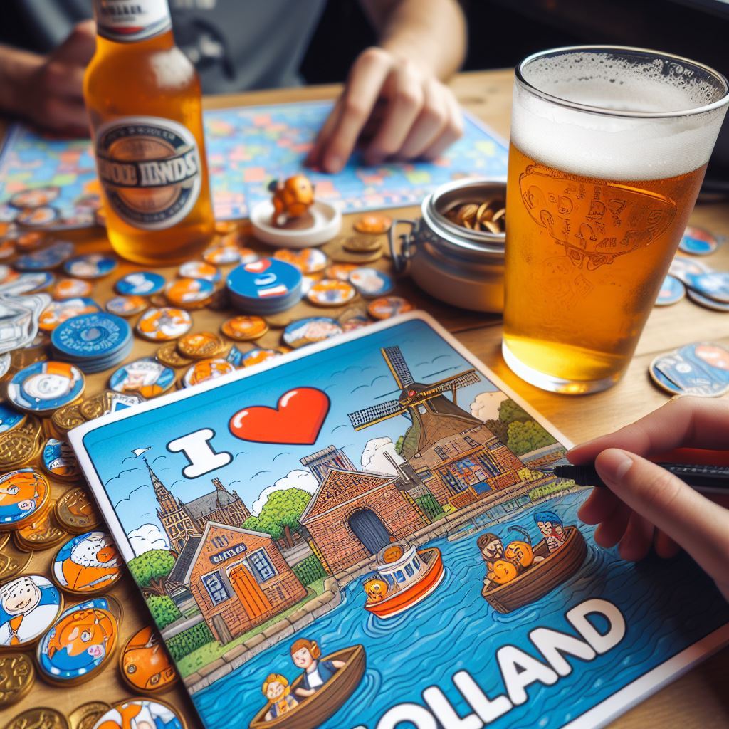 Table with a board game, beer, and snacks, featuring a 'I love Holland' board.