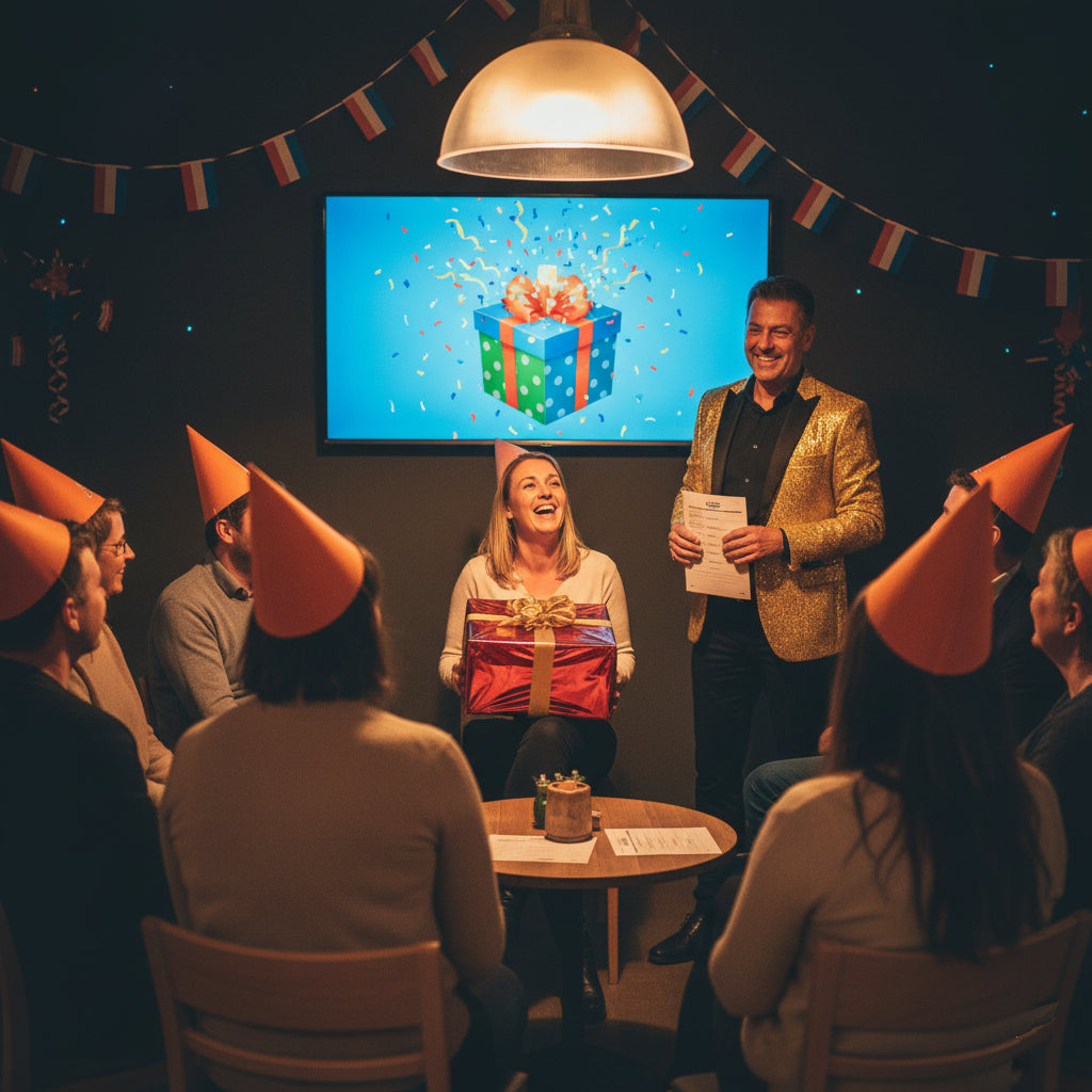 Group of people celebrating with a man in a gold jacket holding a gift and a screen displaying a gift box.