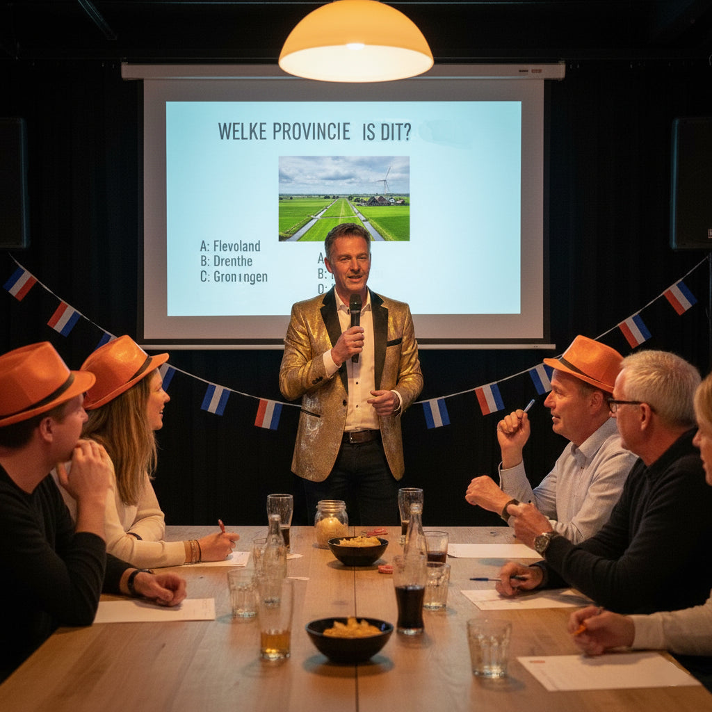 Group of people in a room with a presenter and a screen displaying a question about a province.