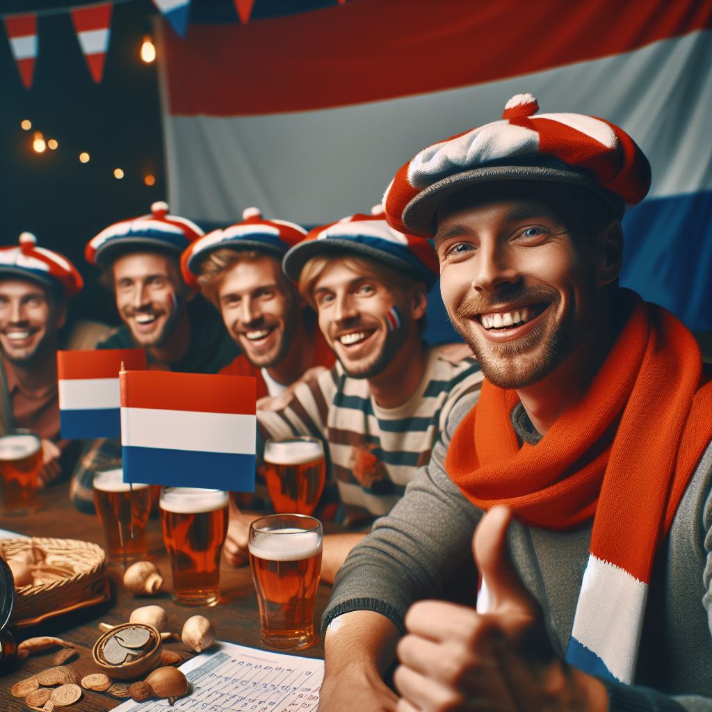 Group of people celebrating with Dutch flags and beer, one giving a thumbs up.