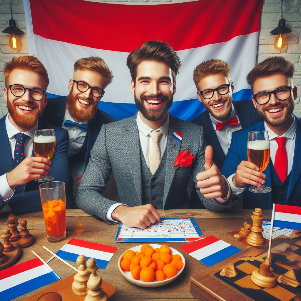 Group of men celebrating with drinks and snacks in front of a Dutch flag
