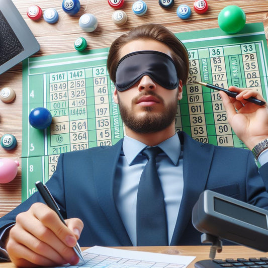 Man in a suit with a blindfold sitting at a table with bingo balls and a scoreboard.