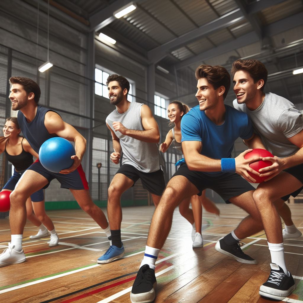 Group of people playing dodgeball in a gymnasium