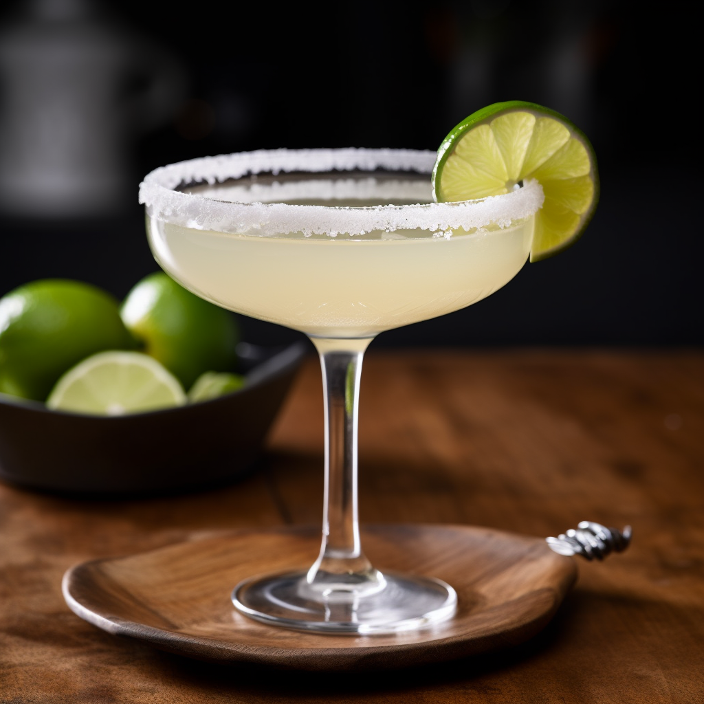 Cocktail with lime garnish on a wooden coaster with limes in the background