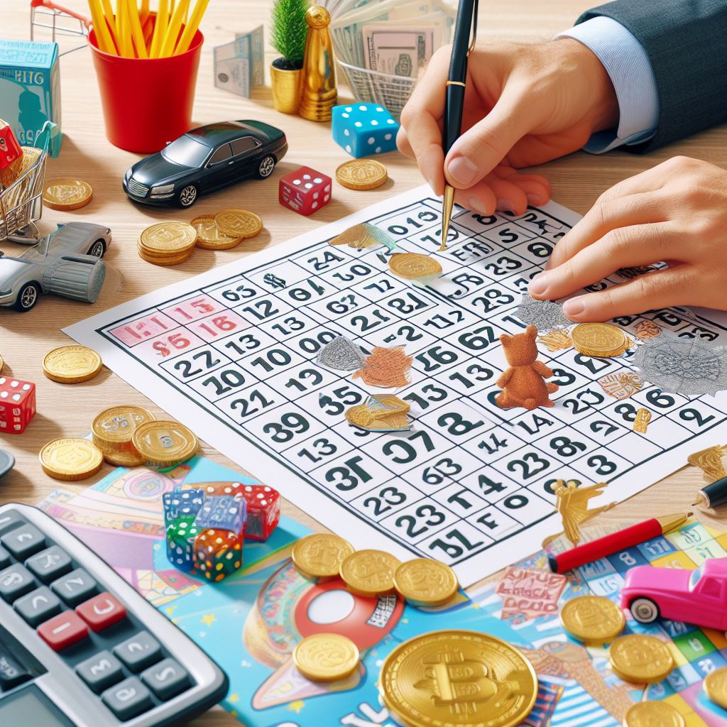 Person playing a bingo board game with various game pieces and prizes on a table.