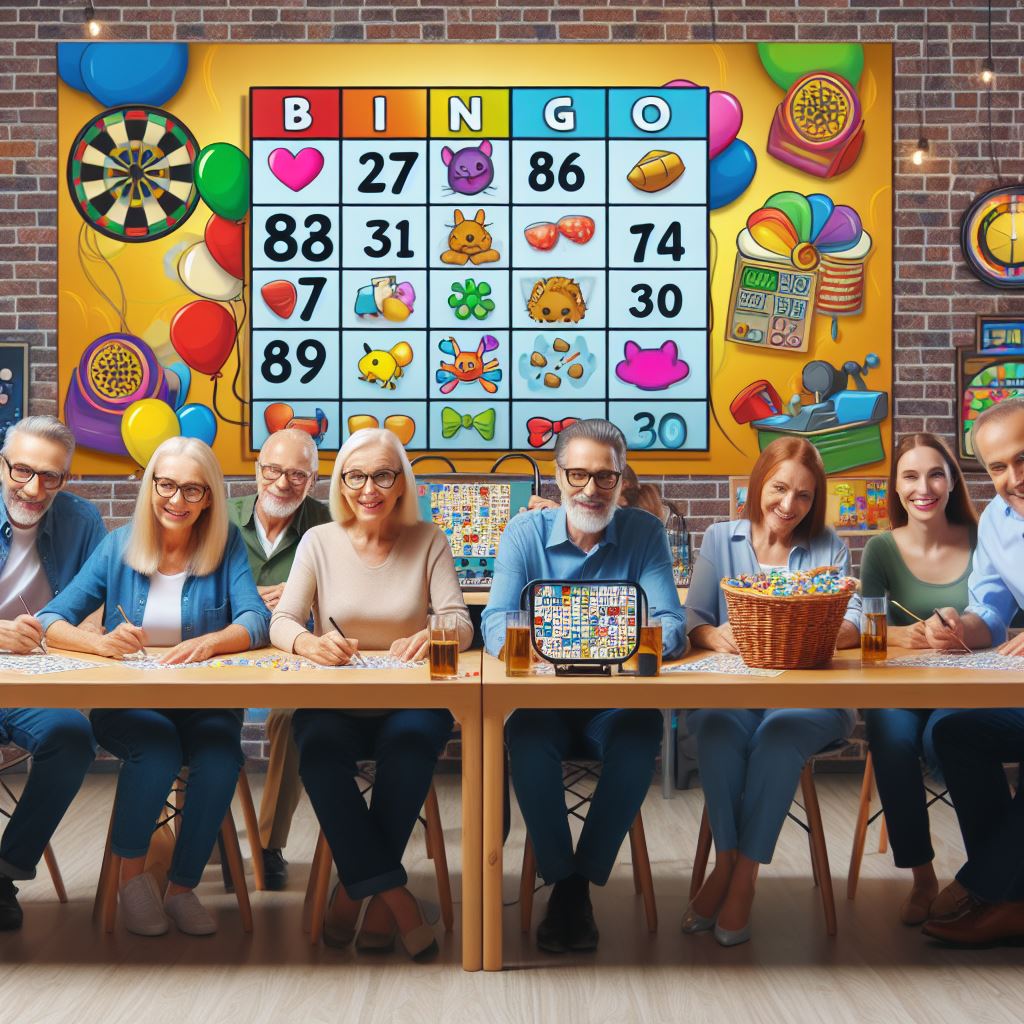 Group of people playing bingo in a room with colorful decorations and a large bingo board on the wall.