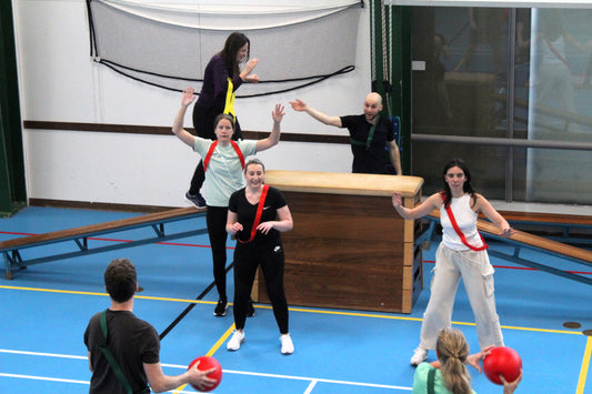 Group of people playing a game with red balls on a blue court.