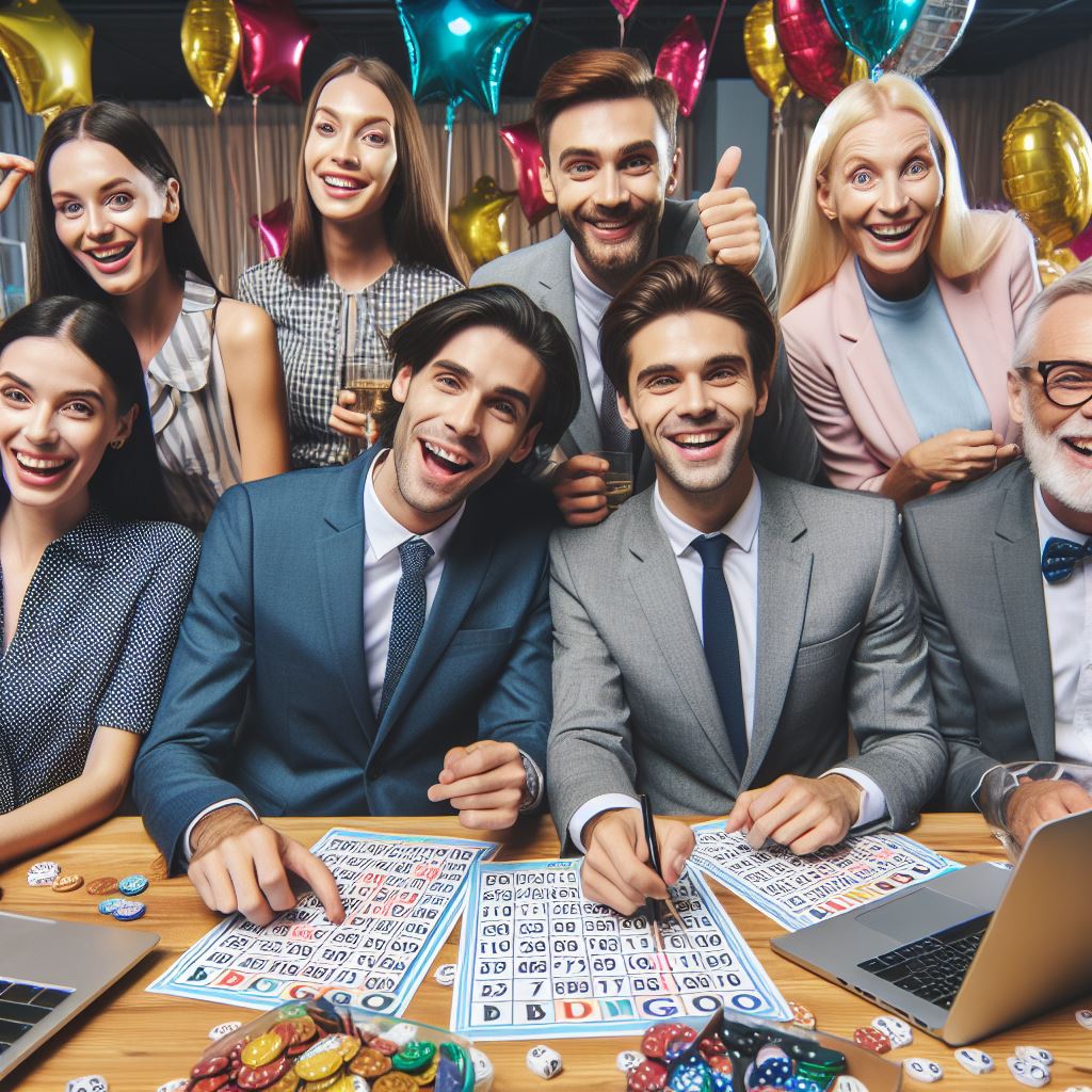 Group of people celebrating with party balloons and playing bingo at a table.