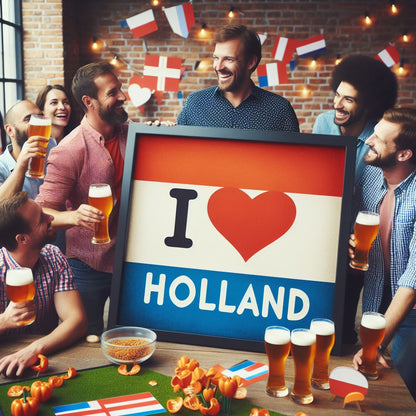 Group of people enjoying drinks and snacks with a 'I ❤️ Holland' sign in a casual setting.
