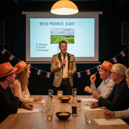 Group of people in a room with a presenter and a screen displaying a question about a province.