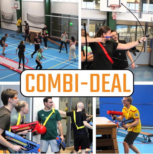 mensen in de gymzaal aan het boogschieten en apenkooien en nerf gun spelen