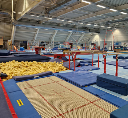 Gymnasium with trampolines, foam pits, and various sports equipment.