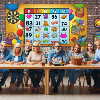 Group of people playing bingo in a room with colorful decorations and a large bingo board on the wall.