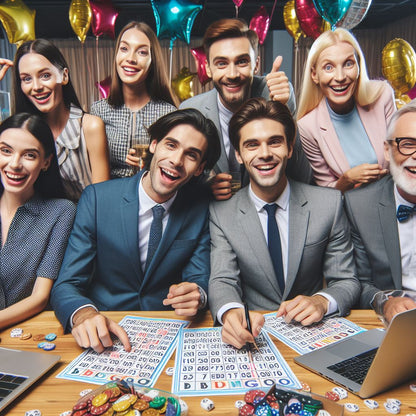 Group of people celebrating with party balloons and playing bingo at a table.